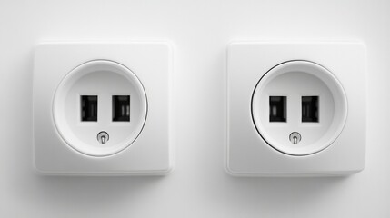 A detailed close-up of two white electrical outlets showing the plug-in points, surrounded by a white backdrop, ideal for educational or technical content on electrical devices.