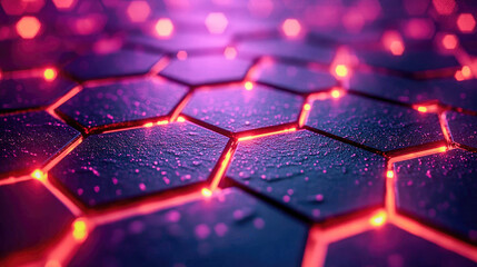 Poster - A stunning, futuristic close-up of hexagon patterns illuminated in neon pink. This digital design showcases glowing edges and a textured surface