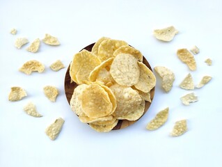 Opak singkong or cassava chips isolated on white background. Indonesian traditional foods 