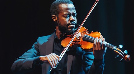 A man playing the violin on a stage.