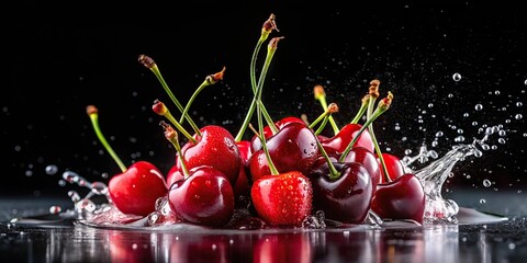 Juicy cherries on black background with splashes of juice for appetizing look