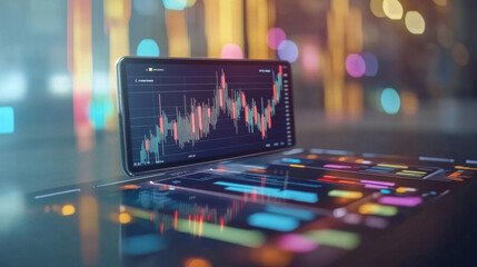 The concept of online trading is illustrated with a realistic device displaying various business finance icons, showcasing features like stock charts, market analysis, and trading options for an engag