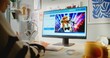 © Framestock - Back view of girl typing prompt in artificial intelligence app on personal computer. AI video generator generates detailed high-quality video of funny dog. Advanced AI generated video. Dolly Shot.
