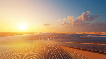 Poster - Solar panels blanket the desert as the sun sets, bathing the landscape in golden light and illuminating the clouds above a stunning fusion of technology and nature.
