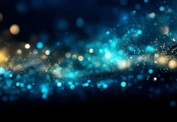 Abstract dark background with blue and yellow bokeh.