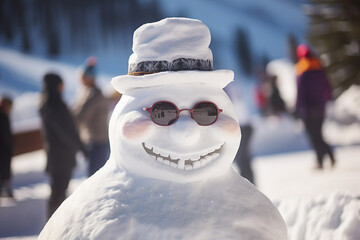 Poster - New year Christmas leisure time people making funny snowman outdoors frosty day Generative AI