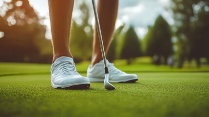 Wall Mural - A close-up of a golfer's feet and a club as they prepare to hit a golf ball.