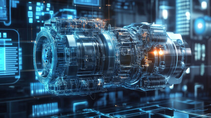An engineering designer utilizes 3D CAD software to create a digital model of an industrial engine, displayed on a computer screen in a manufacturing factory setting, showcasing advanced mechanical de
