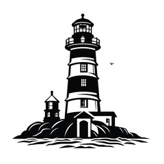 Lighthouse in the sea. Vector black and white illustration. Logo icon template, business symbol