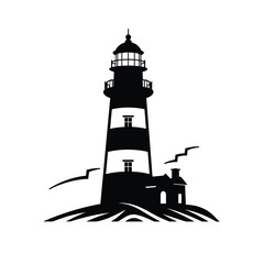 Lighthouse in the sea. Vector black and white illustration. Logo icon template, business symbol