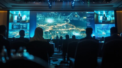 Fototapete - During a conference, a captivated audience watches a presenter on a large screen, showcasing a vibrant city skyline illuminated at night, highlighting urban development and technology.
