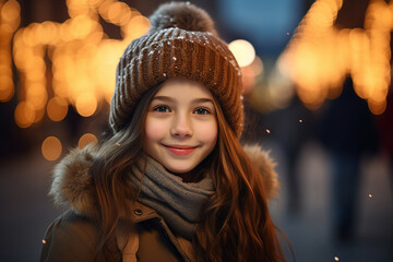 Sticker - AI generated portrait of cute child on xmas festive event with fairy lights