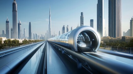 Poster - A sleek transportation pod glides along elevated tracks in a bustling modern city with towering skyscrapers and advanced architecture