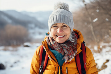 Sticker - AI generated picture of charming cheerful happy woman on snowy winter landscape background