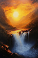 Canvas Print - sunset in the waterfall generative ai