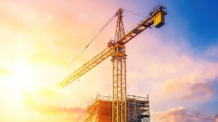 Tower crane silhouetted against a bright sunset sky, with the skeletal structure of a skyscraper being erected below