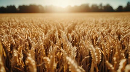 Close-up view of a golden wheat field glowing warmly under the sun's rays, with a backdrop of blurred trees, embodying rural tranquility and harvest promise.