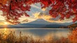 © Biancaart - Mount Fuji at Sunset with Red Maple Trees Framing a Lake