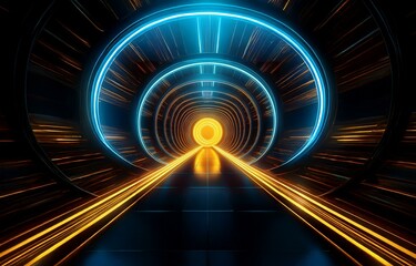 A glowing blue and orange tunnel with a reflective floor