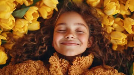 A young girl with curly hair smiles blissfully with her eyes closed, surrounded by vibrant yellow tulips that convey a sense of joy and contentment.