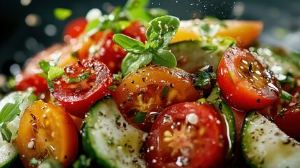 An enticing close-up of fresh salad consisting of juicy tomatoes and crisp cucumbers, garnished with herbs, reflecting vibrancy and natural health.