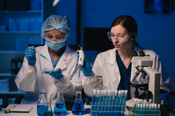 Wall Mural - team scientist mixing chemical liquids in the chemistry lab. researcher working in the chemical labo