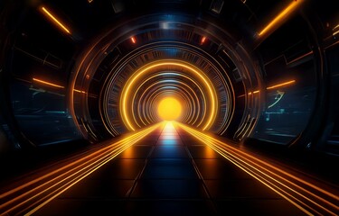 A futuristic tunnel with glowing yellow lines and circles leading to a bright light at the end.