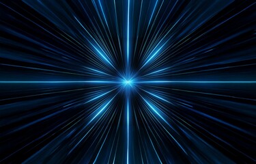 A blue light shines from the center of a dark, abstract background with thin, radiating lines.