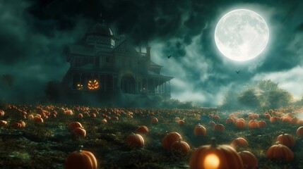 Wall Mural - a pumpkin-filled field beneath a bright full moon, with a haunted house looming in the background.