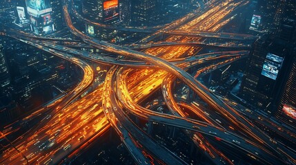 3d rendering of abstract night city with car light trails in the road.