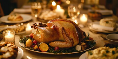 Wall Mural - Roasted turkey served on a platter with stuffing, garnished with herbs and cranberries, set for a festive dinner