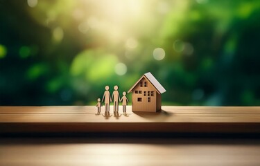 Wooden family figures stand in front of a wooden house on a wooden surface with a green blurred background.