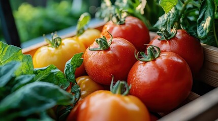 A close-up shot of glossy red tomatoes mingling with fresh basil, artfully arranged in a wooden basket, conveying nature’s bounty and freshness.