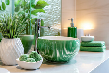 Bathroom interior with green towel, toiletries and green plants