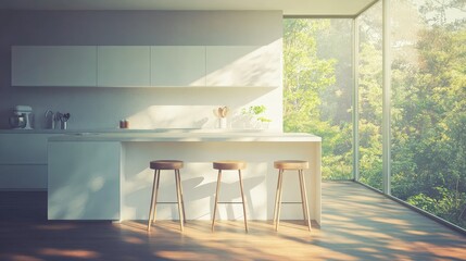 A beautifully designed minimalist kitchen with an island and elegant stools. The expansive window invites in sunlight,