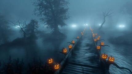 Wall Mural - a mist-covered bridge stretching across a dark, foggy lake, with glowing jack-o-lanterns lining the 