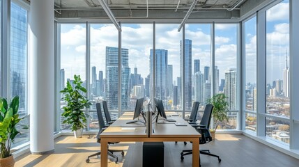 Poster - A beautifully designed open space office highlights large windows with city views. The contemporary furniture complements the clean design,