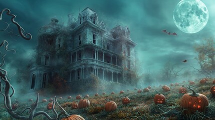 Wall Mural - a large, decaying haunted house at the edge of a pumpkin field, bathed in the cold light of a full m