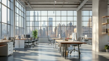 Poster - A beautifully rendered open space office features large windows that provide panoramic city views