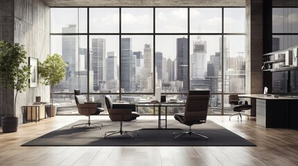 Poster - A beautifully rendered open space office features large windows that provide panoramic city views