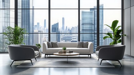 Poster - A beautifully rendered open space office features large windows that frame an impressive cityscape.