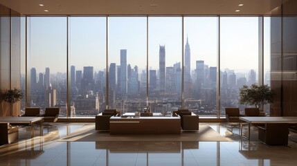 Poster - A beautifully rendered open space office features large windows that frame an impressive cityscape.
