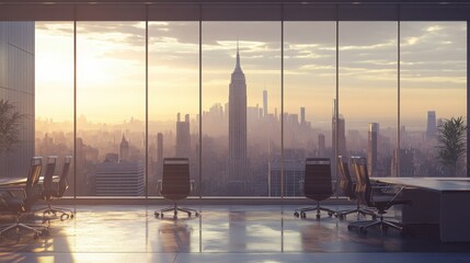 Poster - A beautifully rendered open space office features large windows that frame an impressive cityscape.