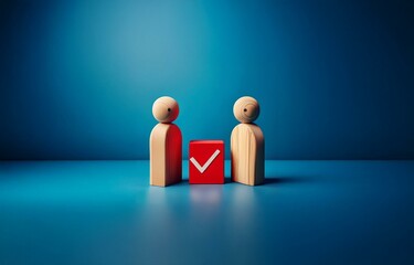 Poster - Two wooden figures stand facing each other on a blue background, a red block with a white checkmark is between them.