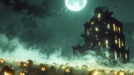 Wall Mural - a haunted house towering over a field of glowing pumpkins, illuminated by the full moon. the fog swi