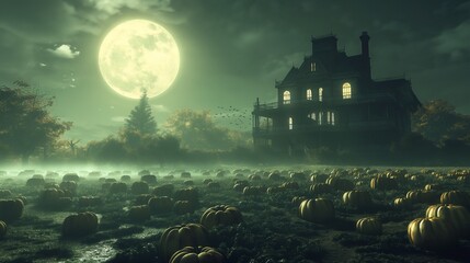 Wall Mural - a haunted house sitting at the far end of a fog-covered pumpkin field, with a large full moon shinin