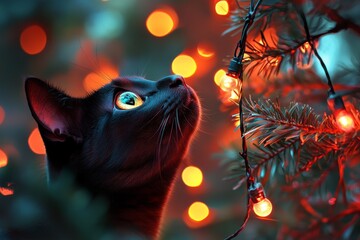 Black cat gazing up at a Christmas tree adorned with festive lights capturing curiosity and the warmth of holiday spirit in a colorful magical indoor setting