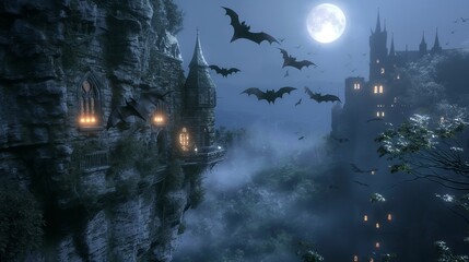 Wall Mural - a haunted castle on a cliffside, with bats flying across the glowing full moon, eerie lights shining