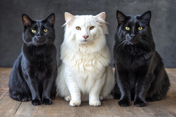 Two black cats and one white cat sitting side by side on a wooden floor their contrasting fur colors creating a symmetrical visually striking portrait in an indoor setting