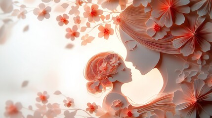 Poster - Elegant Mother's Day banner featuring paper cut mom and child with flowing lines and floral decorations set against a light background evoking a gentle and loving atmosphere
